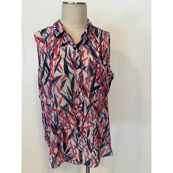 Liz Claiborne Shirt Womens XL Red Blue White Sleeveless Button Up Sheer Top - Picture 2 of 7